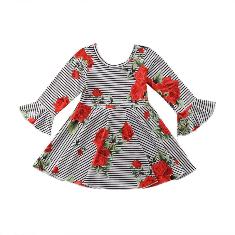 PUDCOCO Toddler Kid Baby Girl Horn Flare Long Sleeve Floral Striped Princess Party Pageant Dress Cute Girls Autumn Dresses 1-6T | Детская