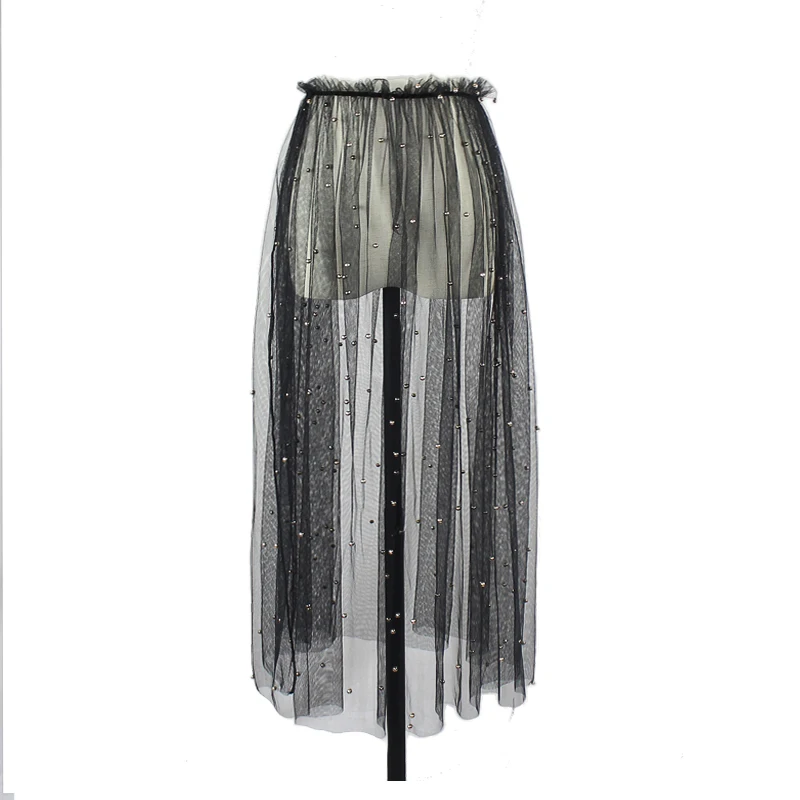 

Summer Women Beading Long Skirt Ladies Vintage Sexy Office Beach High Waist See Through Tulle Pleated Mesh Lace Black Skirts