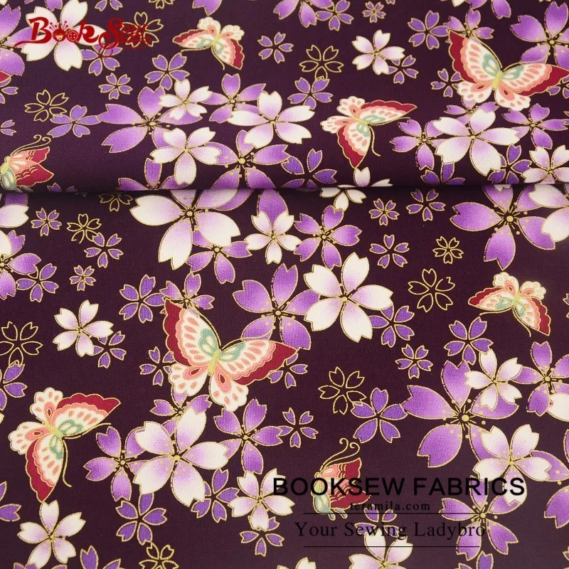 Хлопчатобумажная льняная ткань Booksew с бабочками и цветами Золотая фольга для