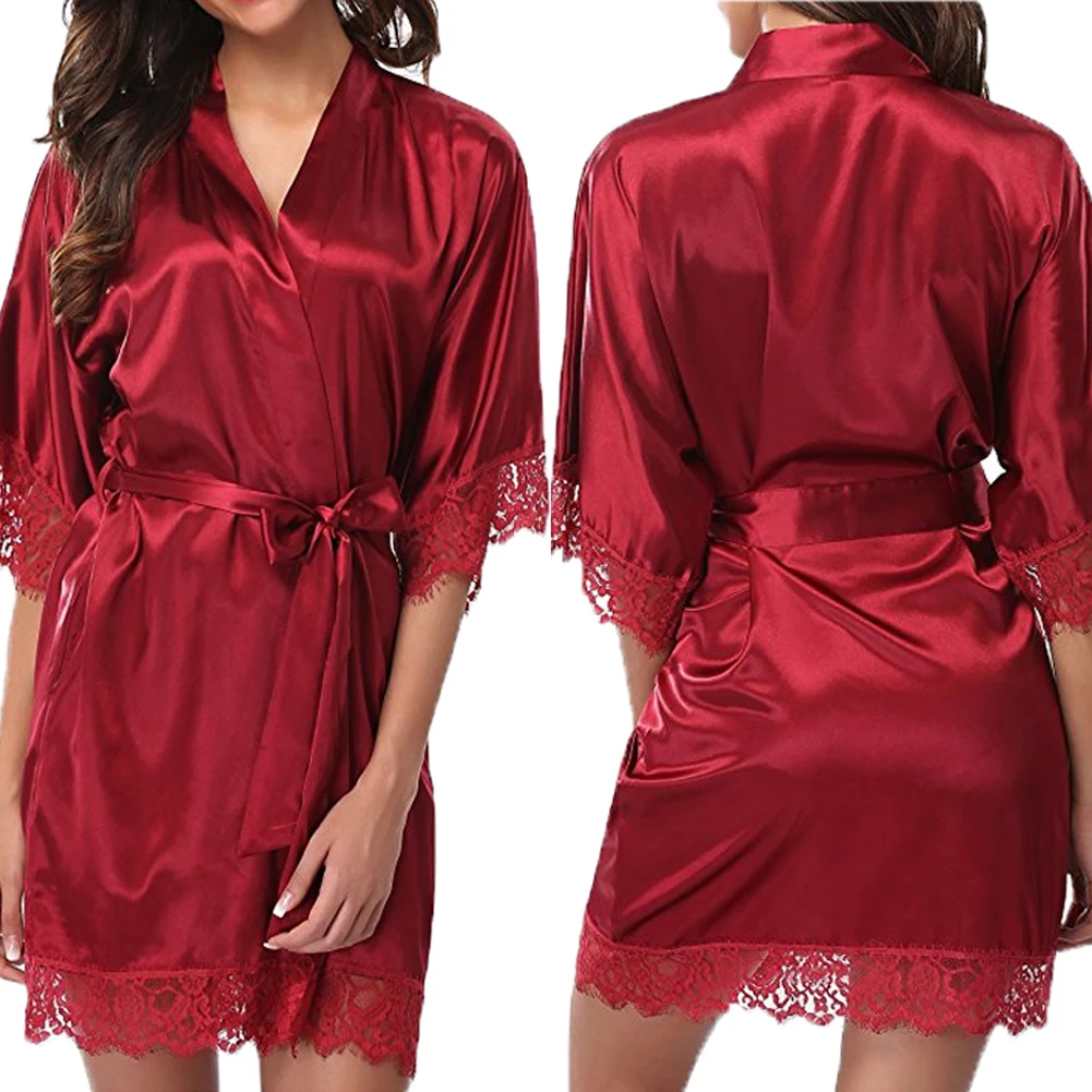 Hot Women robe Silk Satin Robes Wedding Bridesmaid Bride Gown kimono Solid robe Female Erotic Lace Sex Costume