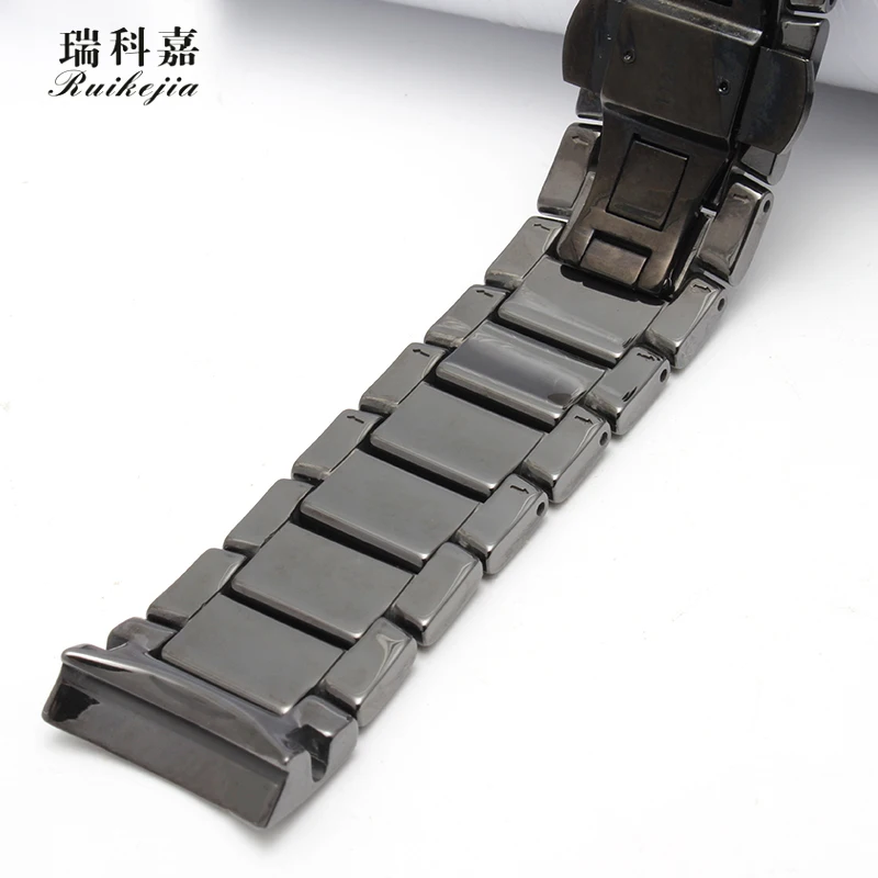 Black Shine Ceramic Strap for AR1451 Ceramic Watch with Men's 24MM Scrub Wristband Butterfly Buckle Waterproof Sports Watch Chai