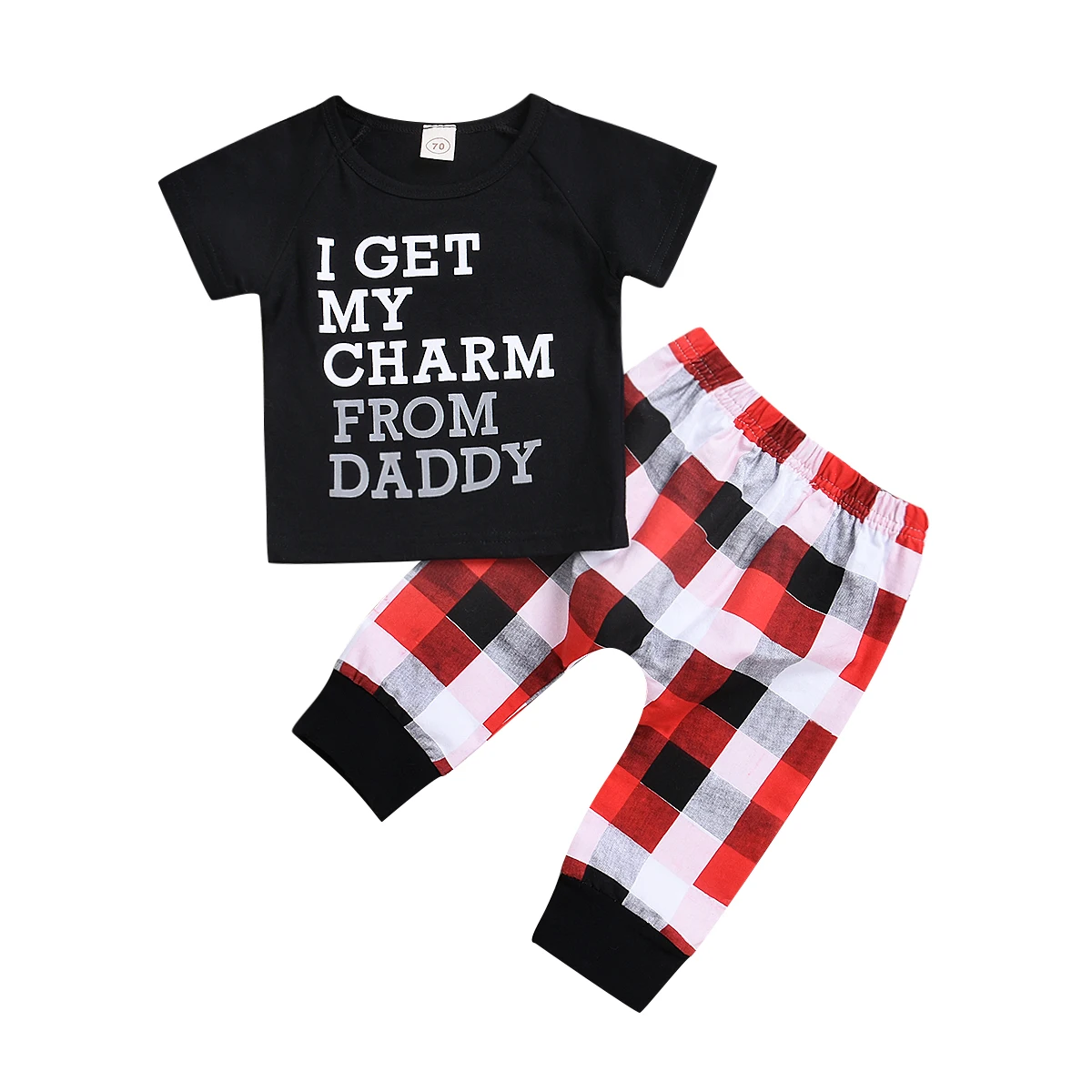 New Toddler Kid Baby Boy Clothes Short Sleeve Letter T Shirt Black Tops Long Plaid Pants 2Pcs Summer Set Outfits Clothing 3M-4T |