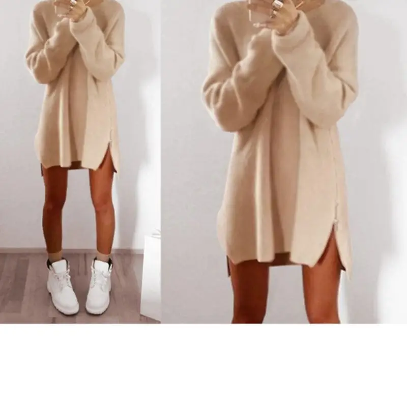 2018 Long Sleeve Sweater Dress O Neck Casual Side Zipper Irregular Hem Winter Clothes Women Loose Pullover Kardigany Damskie Wy* | Женская