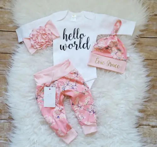 Одежда для новорожденных девочек 4 предмета топы с надписью Hello World комбинезон +