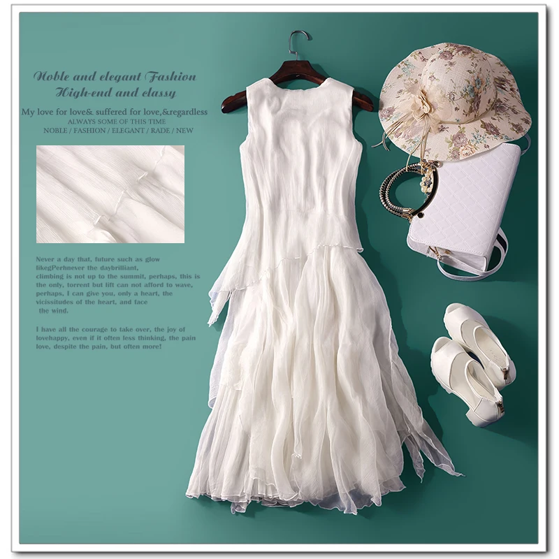 Элегантное Белое Платье миди женское летнее стильное платье 2017 из чистого шелка