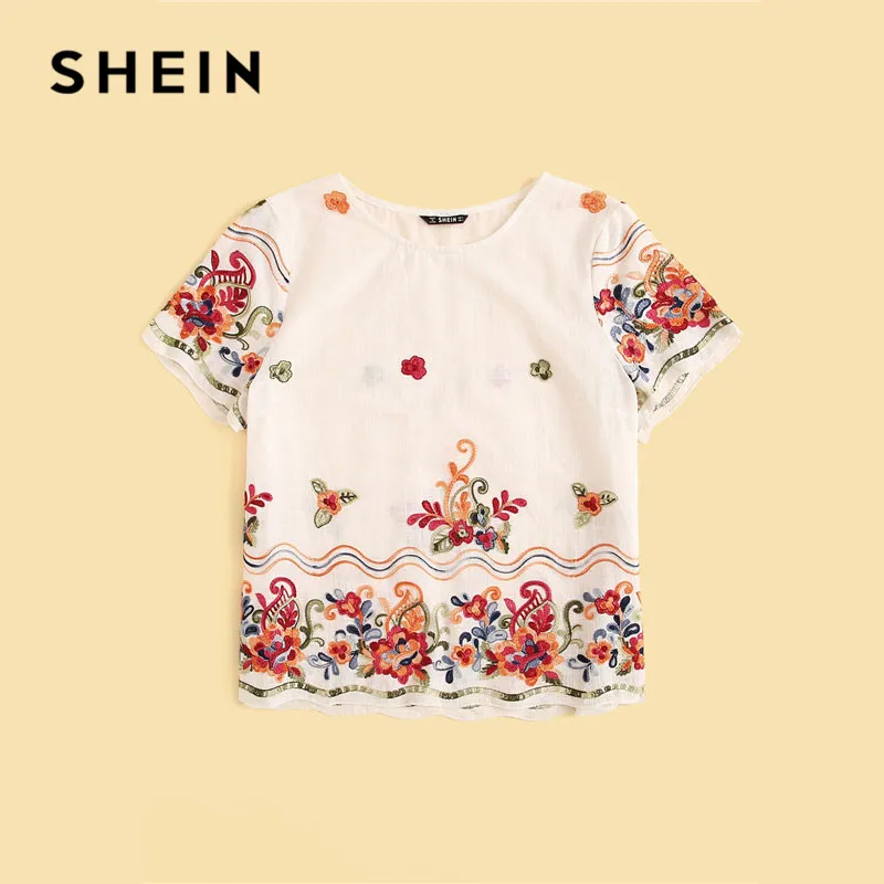 SHEIN белая блузка с цветочной вышивкой, Женские топы и блузки, Boho, хлопковая блуза с круглым вырезом и коротким рукавом,, женские топы