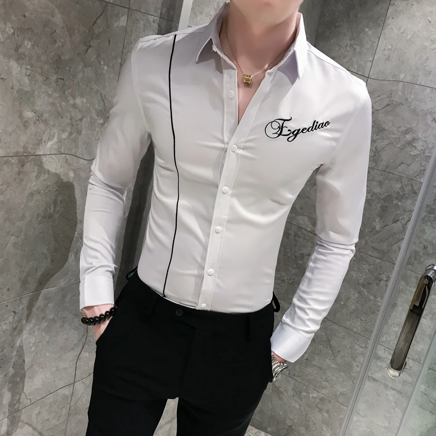 Мужские рубашки с цветочной вышивкой Camisa Homem Line Decoration Корейская мужская одежда