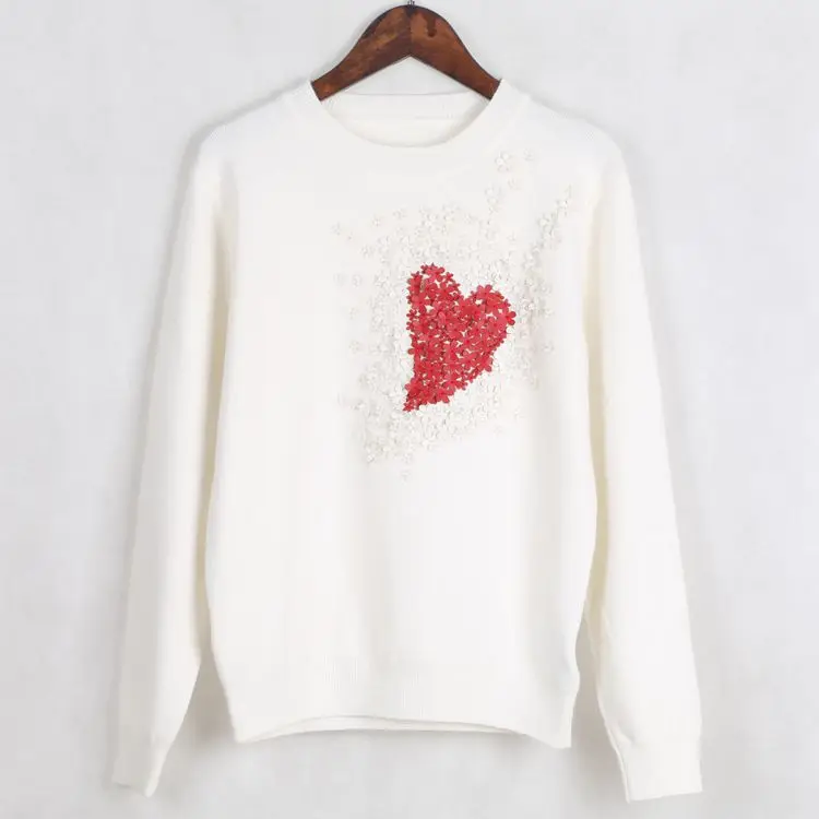 2019 Winter Heart Flower Appliques Sweet Black White Knit Sweater Women Luxury Long Sleeve Female Pullover Jumper ChristmasTop | Женская