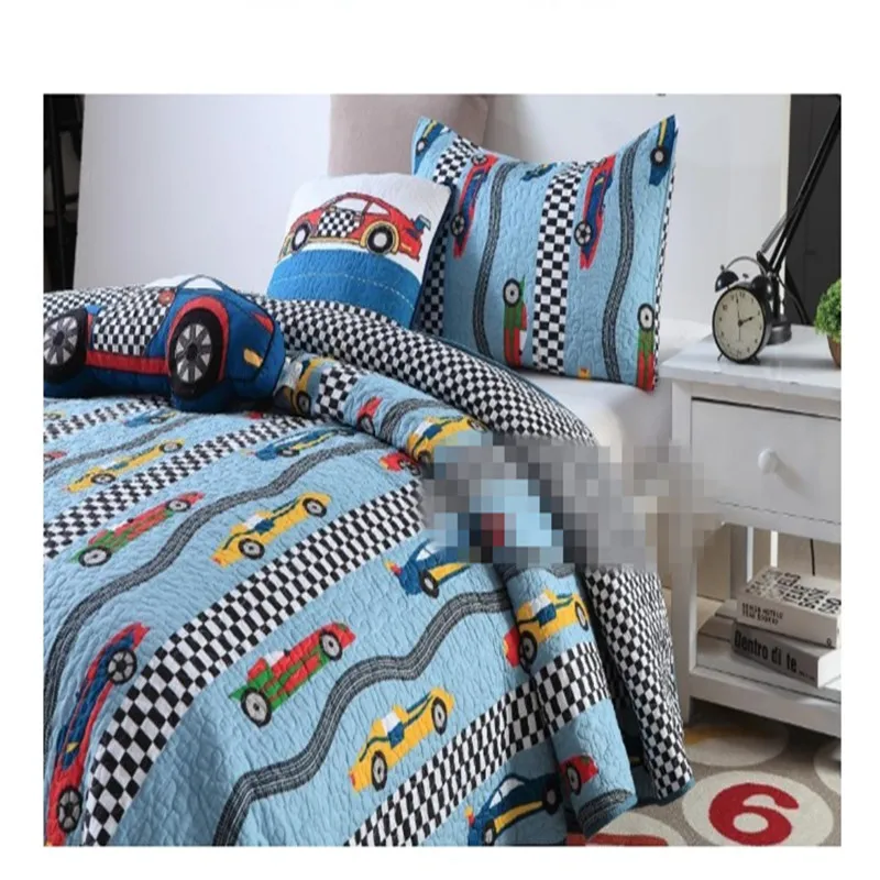 

Free shipping children cartoon racing car kids printing patchwork quilt colcha 2pcs twin/single size bedspread boys bed cover AL