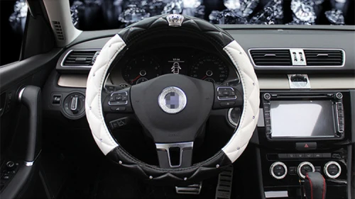 SWC003 White B 38cm Красота Корона Алмазная блестящая кожа авто чехлы рулевого колеса автомобиля 36 см 38 см женские розовые черные автомобильные аксессуары для девочек - Название цвета: SWC003 White B 38cm