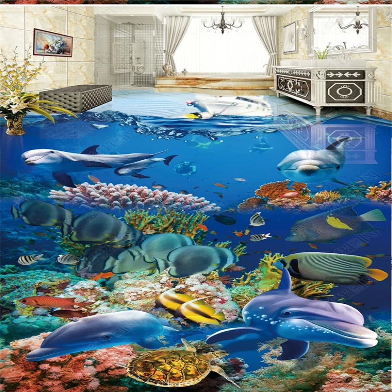 

beibehang 3d wall murals adhesive wallpaper Customized underwater world dolphin bathroom 3d floor tiles wall paper for kids room