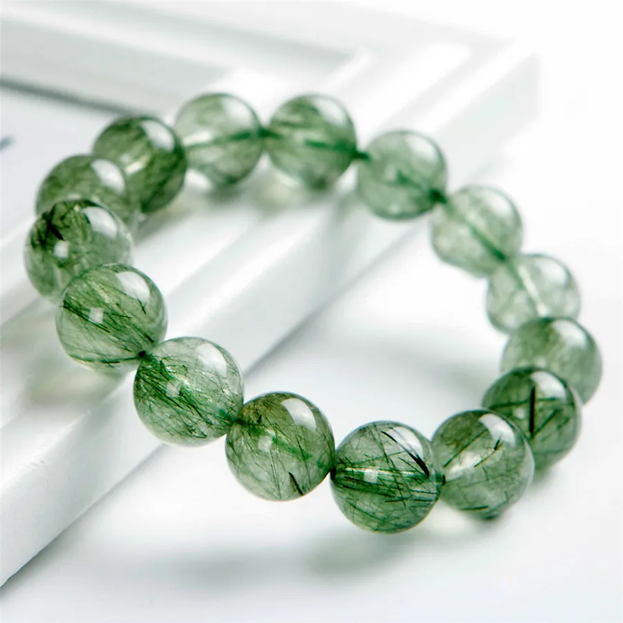 

14mm Brazil Genuine Natural Green Rutilated Quartz Crystal Round Bead Stretch Powerful Women Mens Bracelet