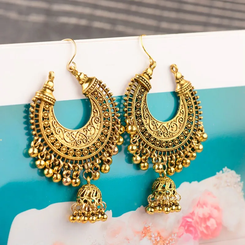 

2023 Trendy Small Bells Indian Jhumka Tassel Drop Earrings For Women Bohemia Ethnic Hollow Carved Dangle Earring kolczyki