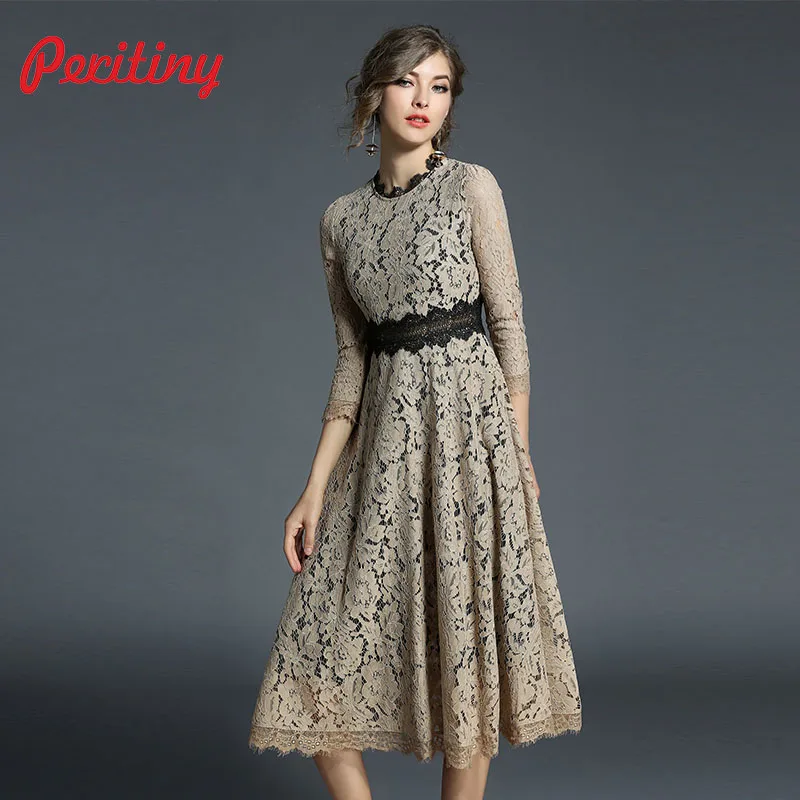 Peritiny хаки синие платья женские со стоячим воротником пэтчворк Твердые vestidos ретро