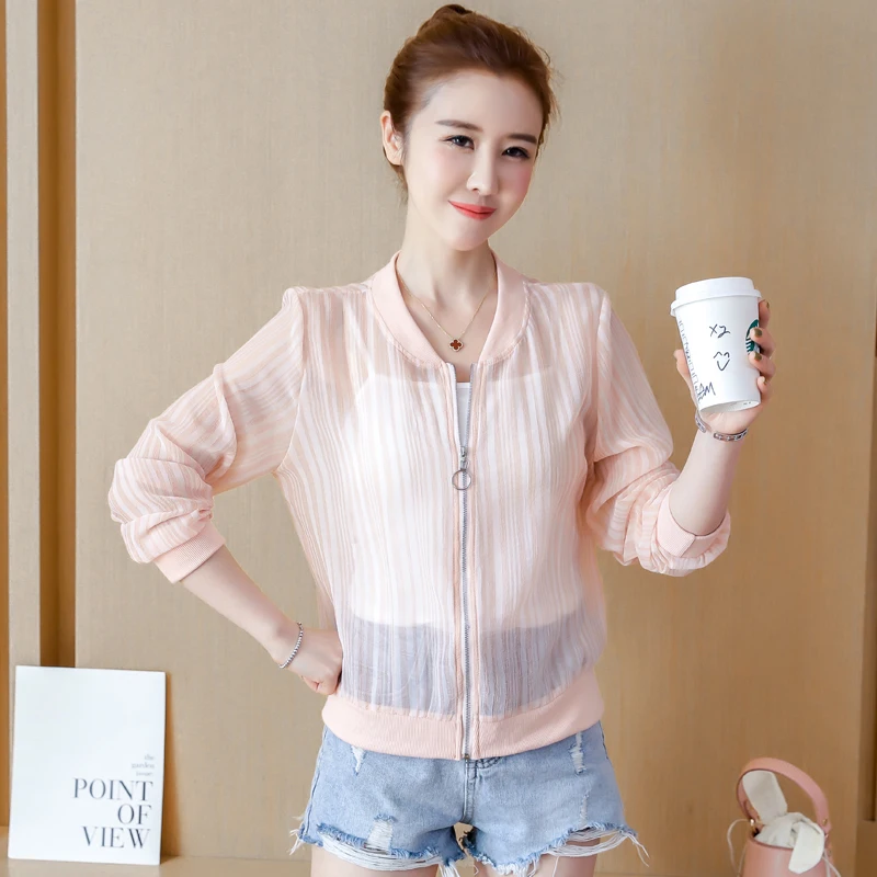 

Summer Pink Thin Jacket for Women Casual Collar Blue Female Bomber Fashion Harajuku Hollow Gothic Sunscreen Cardigan Short Coat
