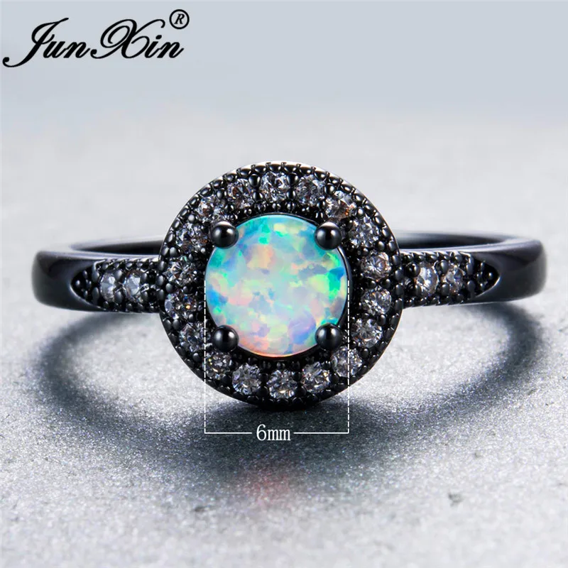 JUNXIN New Retro Classic Black Gold Filled Ring Finger Accessories Round White Fire Opal AAA Zircon Female Wedding Party Gifts |