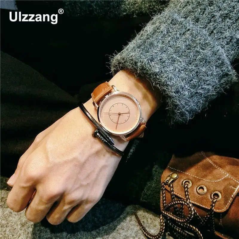 Простые винтажные черные коричневые кожаные кварцевые наручные часы в