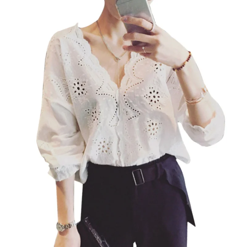 

Hollow Out Lace Top women Blouses Shirt White Half Sleeve Streetwear Fashion Crochet Lace Summer Blouse Vintage tee for female