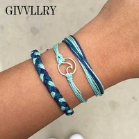 free shipping gradient blue rope weave bracelets for women bohemian ethnic silver hollow wave charm bracelets set gift jewelry