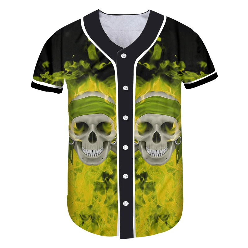 UJWI уличный стиль хиптер бейсбольная рубашка мужская зеленая пламя черепа