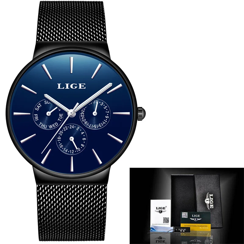 Black Blue LIGE модные мужские часы Топ бренд класса люкс водонепроницаемые спортивные часы мужские Ультра-тонкие сетчатые Стальные кварцевые часы Relogio Masculino - Цвет: Black Blue