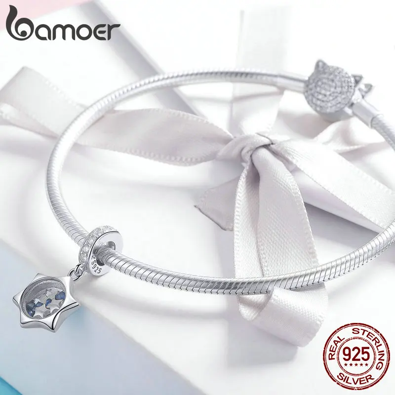 BAMOER, настоящая 925 пробы, серебро, светящаяся луна, прозрачный кубический циркон, подвеска, талисманы, подходят для браслетов и ожерелья, ювелирные изделия SCC1083
