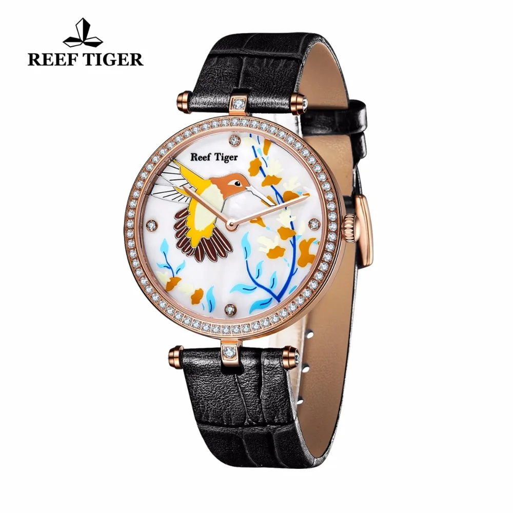 Женские часы Reef Tiger/RT кварцевые с кожаным ремешком и бриллиантами аналоговые