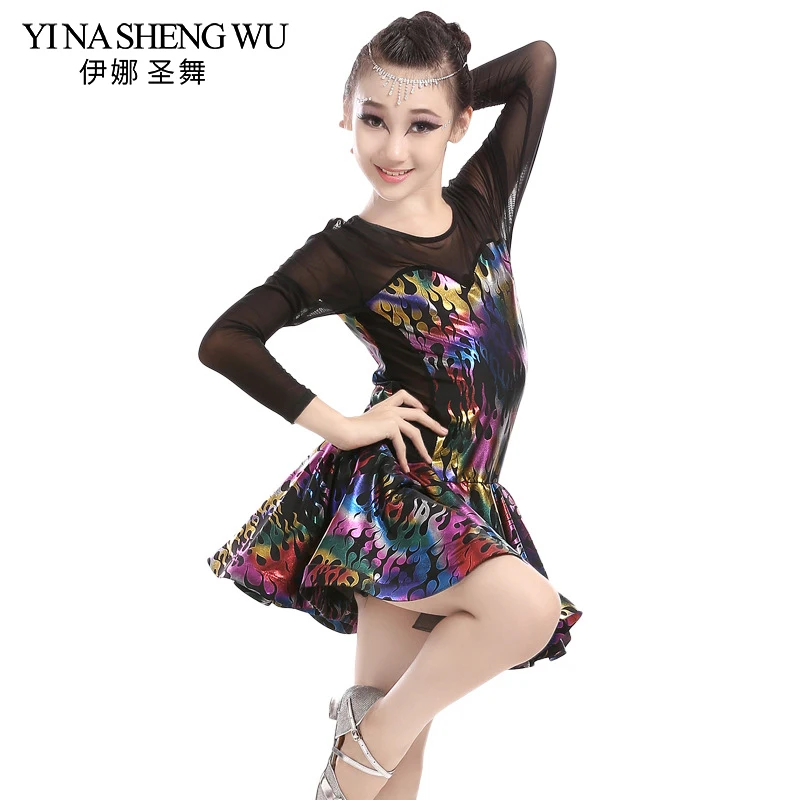 

Newest Latin Dance Mesh Long Sleeve Sequin Bronzing Printing Ballroom Dresses Girls Kids Children Tango Salsa Latin Dance Dress