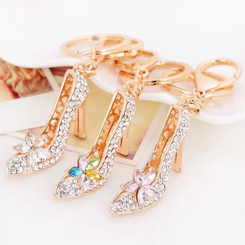 

New Fashion rhinestone high-heeled flower shoes key ring crystal shoes car key chains girls bag pendant keychain