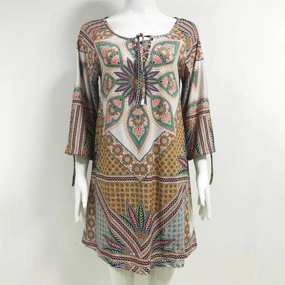 Винтаж Стиль этнический принт свободное платье Для женщин 3/4 рукавами Robe Femme 2019