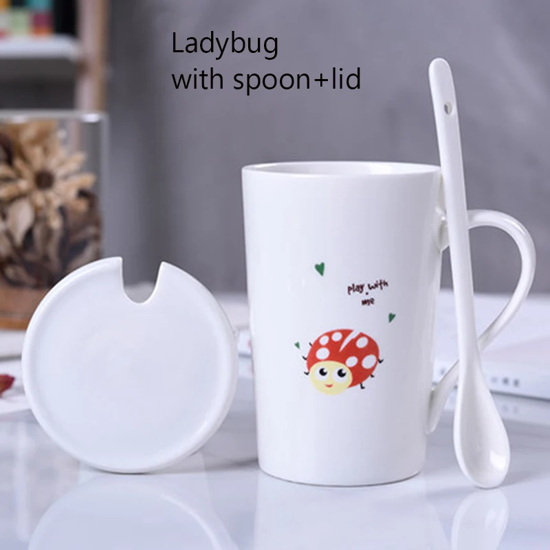 Ladybug Spoon Lid Unibird 400 мл Мультяшные керамические кружки с чаем для заварки влюбленных подарок кофейные кружки Питьевая чашка посуда для напитков молочный стакан для завтрака - Цвет: Ladybug Spoon Lid