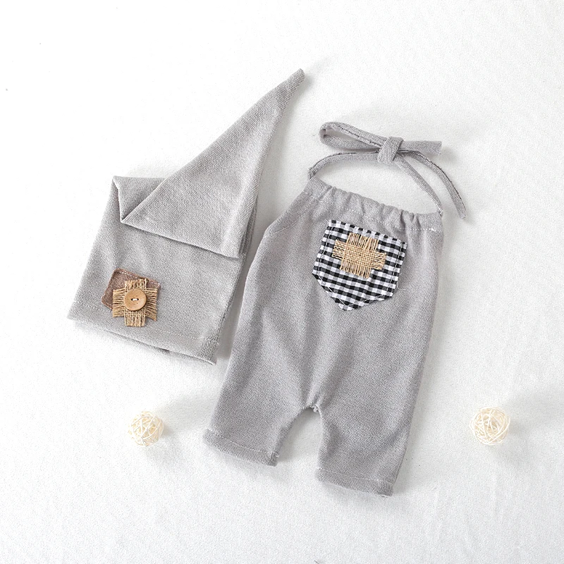 Newborn Boy Photography Outfit Sewn Baby Sleeping Hat Set Handmade Romper Photo Prop Clothes Infant Overalls |
