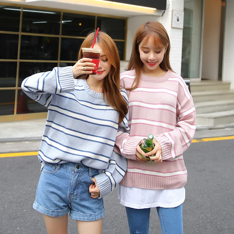 Kawaii женский элегантный стиль конфеты цвет полосатый пуловер и джемпер Harajuku ретро