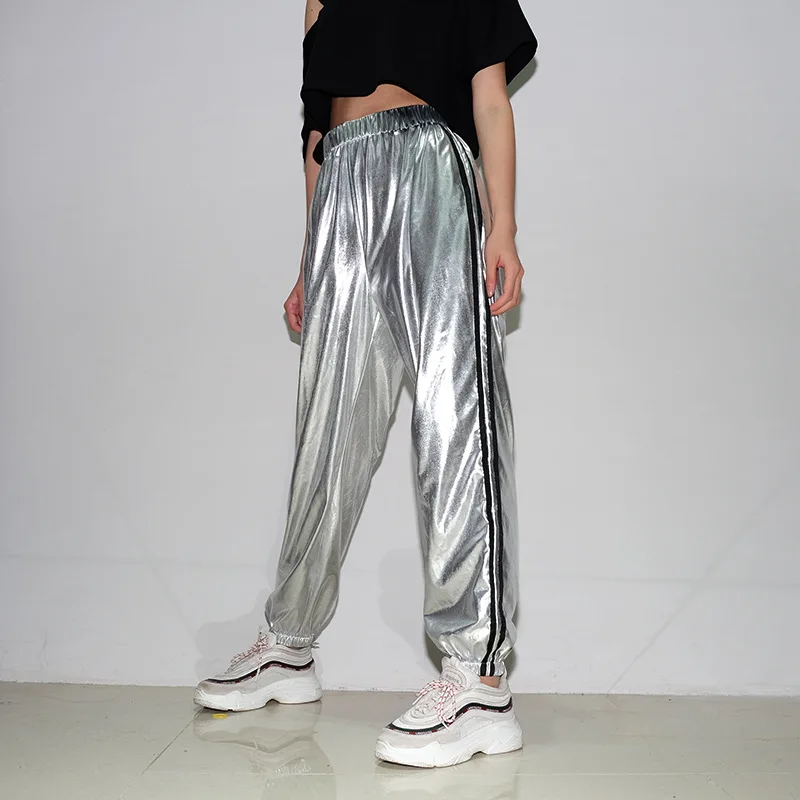 2018 Lady Silver Metallic Stripped Sweat Pants Casual Harem Pants Streetwear Track Pants Women Joggers Patchwork Trouser Mujer