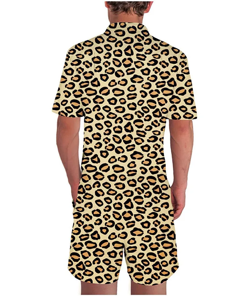Men 3D Graphic One Piece Romper Men Casual Zipper Short Sleeve Summer Jumpsuit With Pocket Leopard Print Summer Beach Set