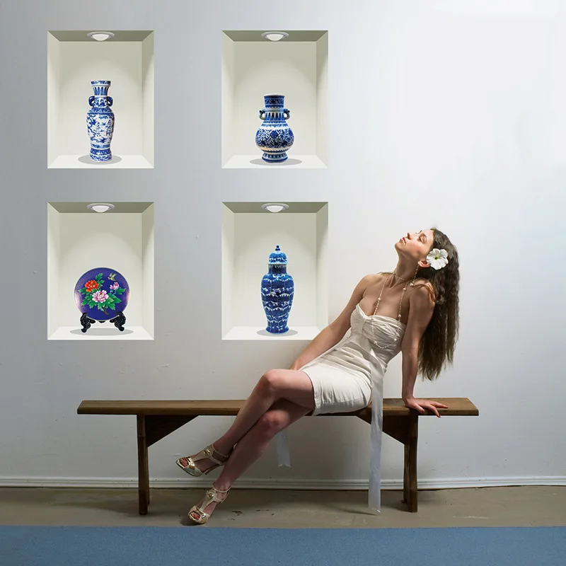 3D винтажная сине белая фарфоровая Наклейка на стену креативный настенный плакат