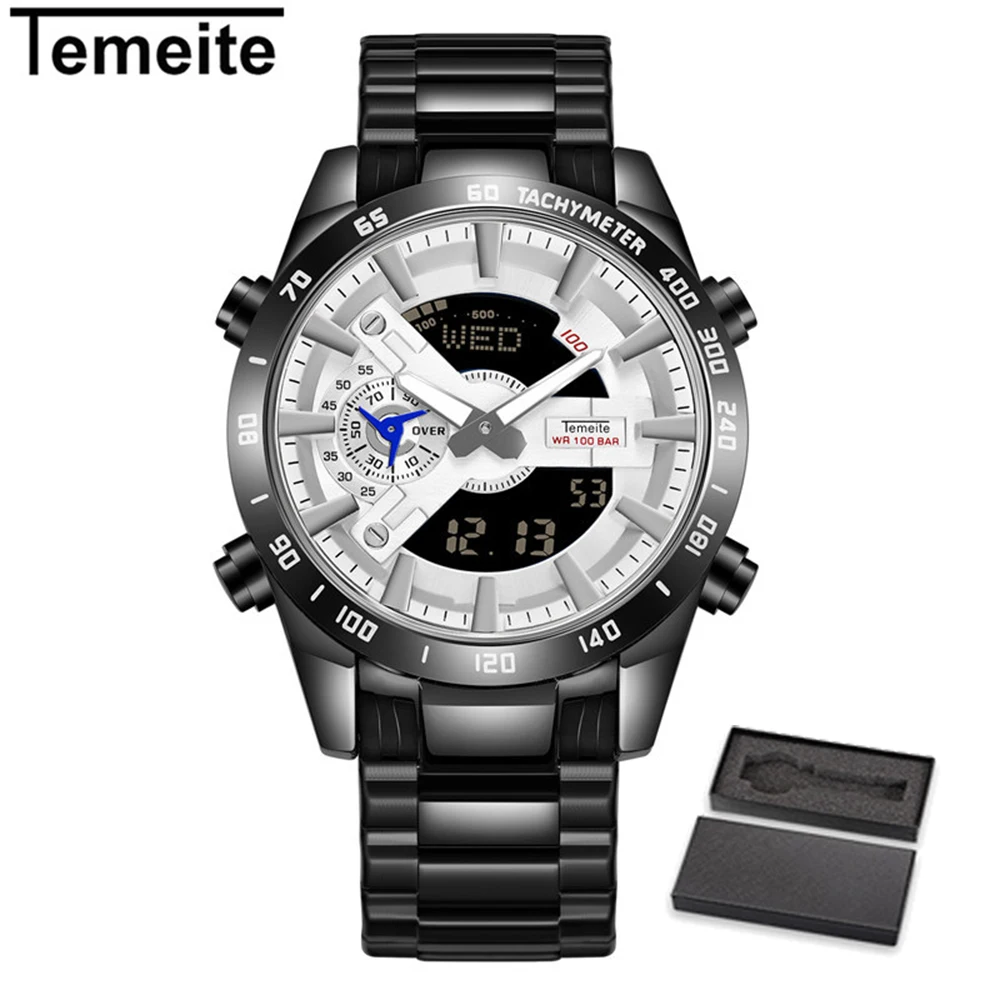 temeite6 with box TEMEITE, двойной дисплей, Лидирующий бренд, мужские кварцевые цифровые часы, роскошные модные часы, светодиодный, мужские часы с датой, наручные часы, Relogio - Цвет: temeite6 with box