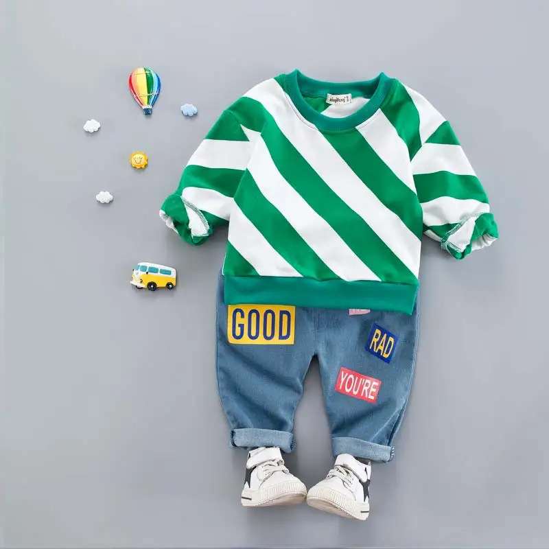 BOTEZAI Child Boy Striped Clothes Sets For Baby Girls Boys Fashion Letter Long Sleeve T shirt + Jeans Pants |