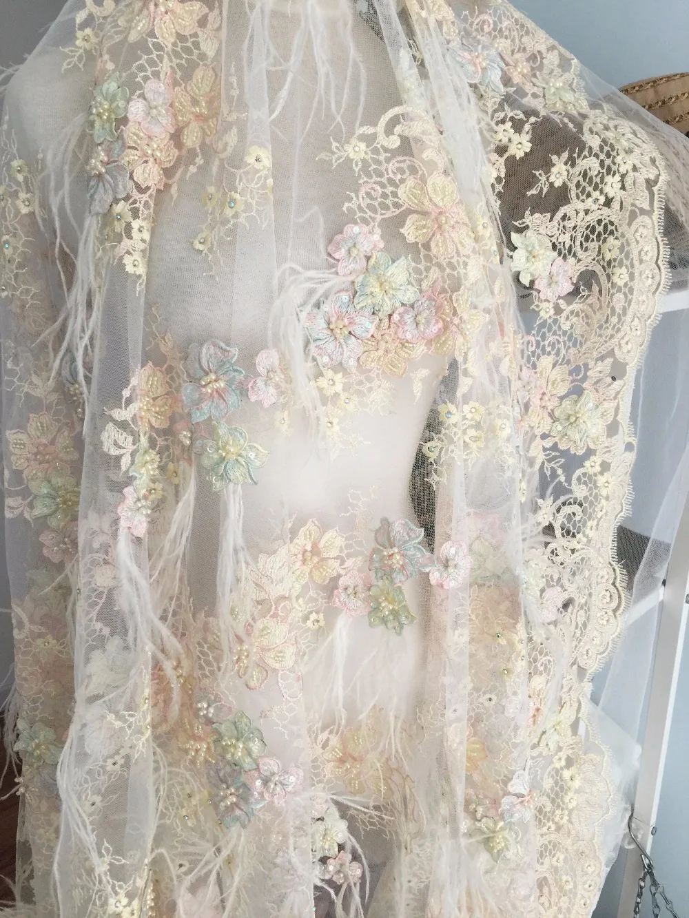 Роскошная 3D жемчужная бисерная кружевная ткань с перьями и Пастельной вышивкой