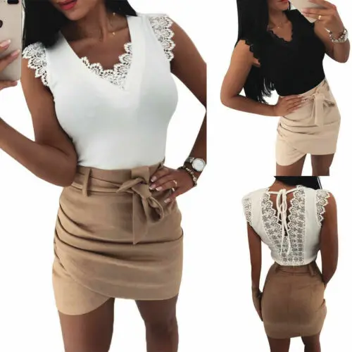 2019 Hot Sale Stylish Women's Summer Tank Tops Lace Sexy Vest Camisole Sleeveless V-Neck Casual Clothes White Black S-XL | Женская