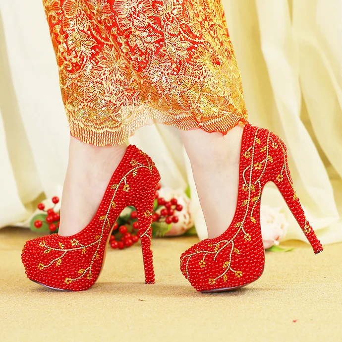 Luxury new arrival wedding shoes round toe handmade bridal red pearl party 8cm/11cm/14cm heel big size | Обувь