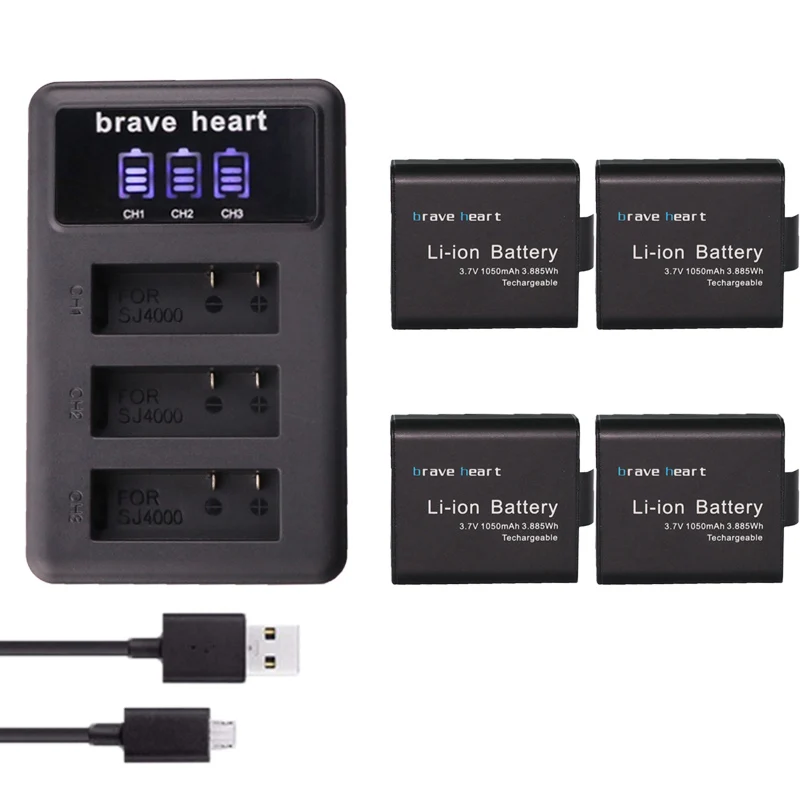 4battery and1charger 3,7 v 1050 mAh bateria SJ4000 Батарея SJ5000 SJ6000 Wi-Fi+ ЖК-дисплей 3 лота usb зарядное устройство для SJCAM SJ 4000 5000 6000 7000 8000 sj9000 M10 - Цвет: 4battery and1charger