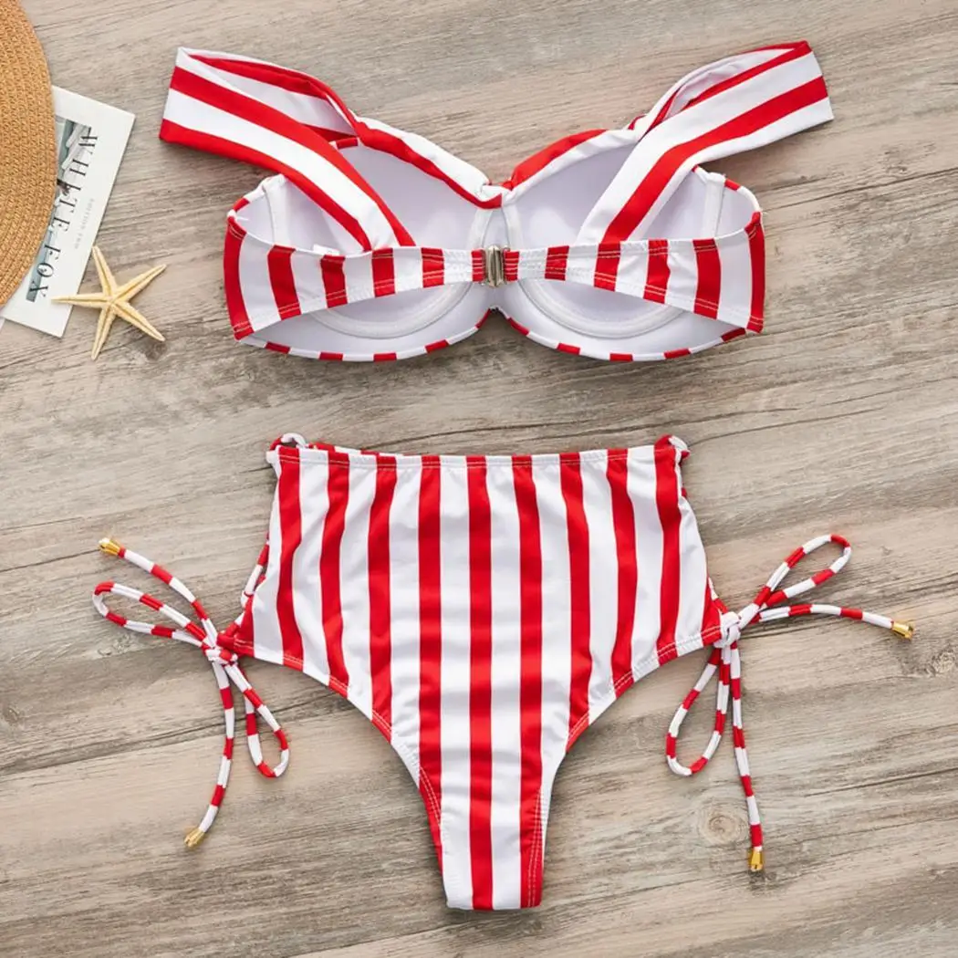 Women Summer Sexy Swimsuit Push Up Bikini Set Bathing Beachwear Elastic Striped Bottom Side Lace Swimwear |