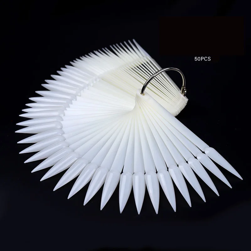 50pcs False Nails Sharp Fan Shaped Nail Art Polish Color Card Acrylic Practice Chart Palette Buckle Ring Display Manicu | Красота и