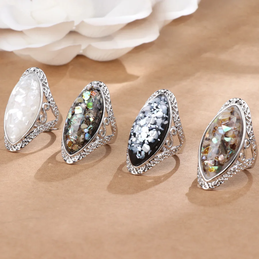 4 Color Vintage Antique silver colorful Big Oval Shell Finger Ring Band For Women Female Statement Boho Beach Jewlery | Украшения и