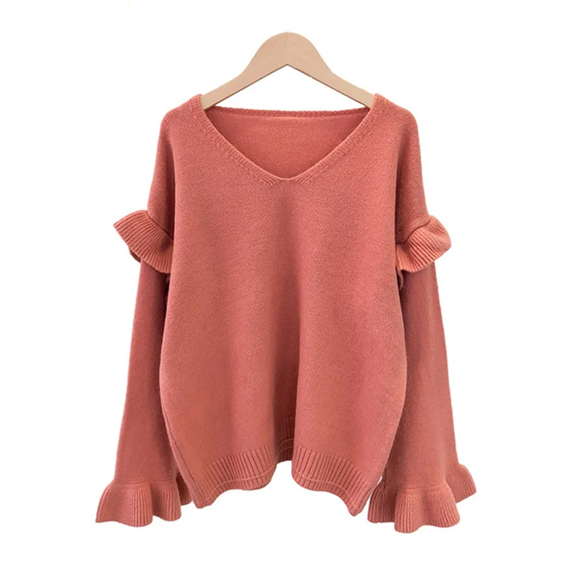 

H.SA Women Korean Oversized Sweater and Pullovers V neck Ruffles Butterfly Sleeve Harajuku Chic Sweater Jumpers casaco feminino