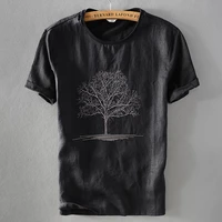 designer embroidery black t shirt men linen tshirt male round neck embroideried flax short sleeve t shirt for men casual camisa