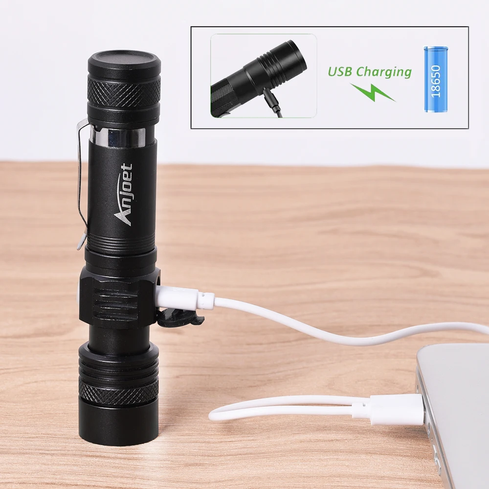 Anjoet USB Перезаряжаемый фонарик, светодиодный фонарик, масштабируемый, 3 режима, водонепроницаемый фонарик для 18650 с USB-кабелем, для кемпинга (art.: 7aec1bdeb) - 7aec1bdeb