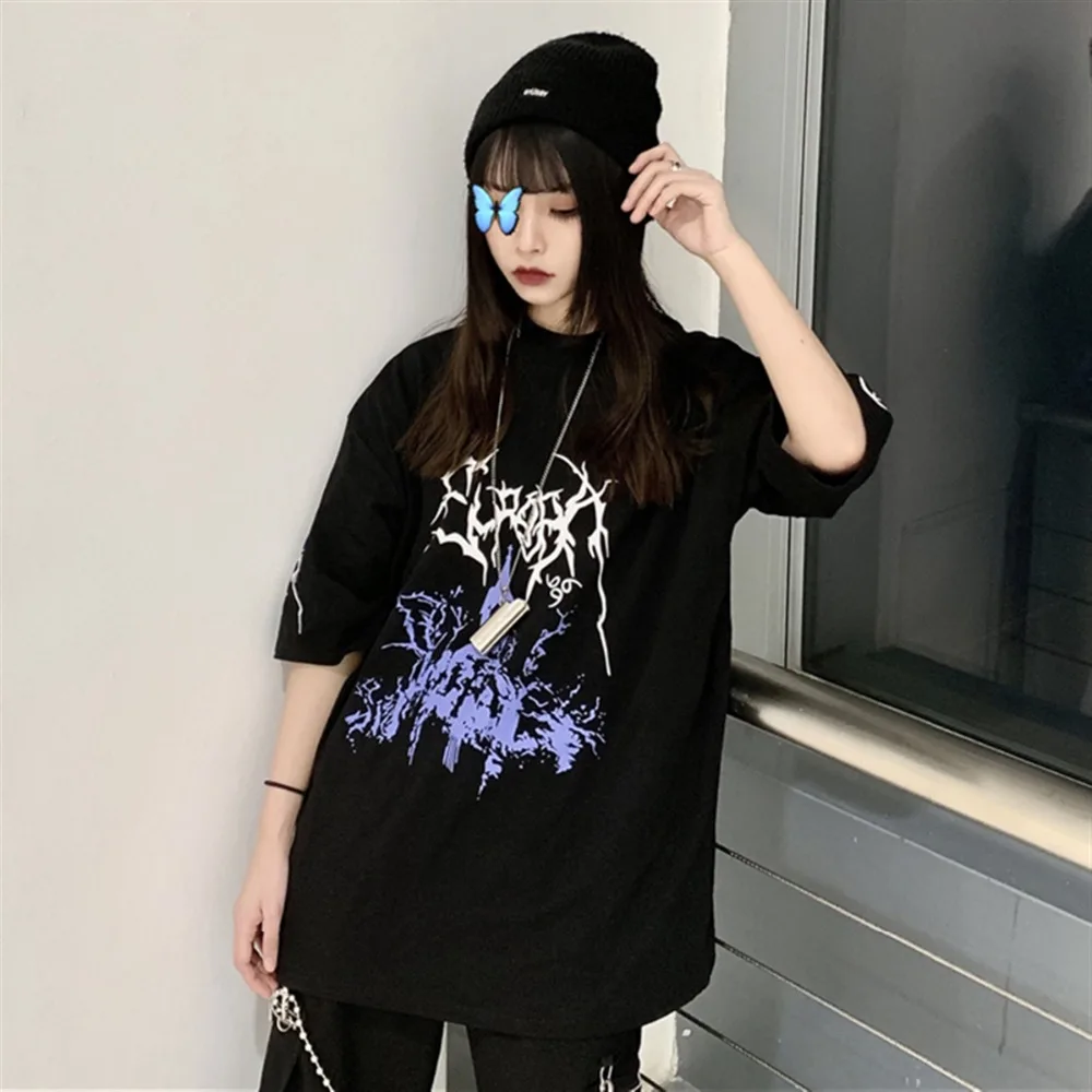 Harajuku Darkness женская футболка фиолетовая молния звезды печатные o-образным вырезом с коротким рукавом черный серый повседневные женские футболки Готический Тройник
