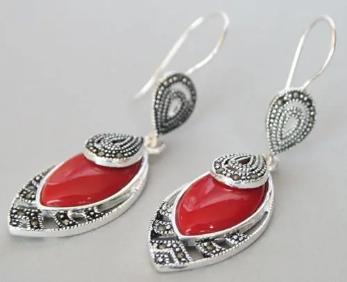 

Hot sell Noble- 21/5" Vintage New 925 Silver Red Coral Marcasite Hook Earrings
